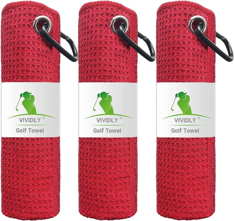 VIVIDLY 3 Pack Golf Towels (16" X 16"), Microfiber Waffle Pattern Golf Towel with Carabiner Clip, Suitable for Men's Golf Gifts (Red) - Image 1
